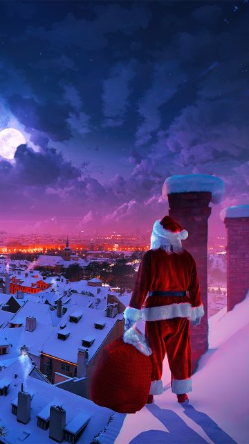 Santa Claus, Christmas Eve, Full moon, Winter, Rooftop, Aesthetic Christmas