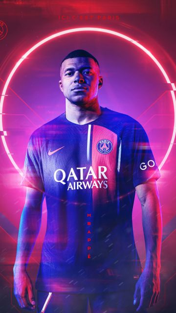 Kylian Mbappé, Neon background, Red aesthetic, French Footballer, Paris Saint-Germain