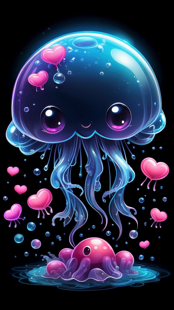 Jellyfish, Cute art, Love hearts, Kawaii, Black background, AMOLED