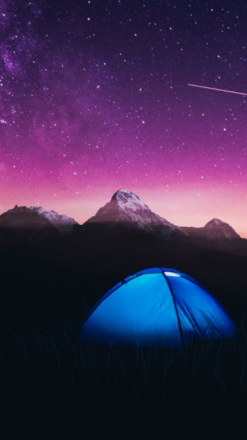 Mountains, Night, Purple sky, Dome tents, Tourists, Starry sky
