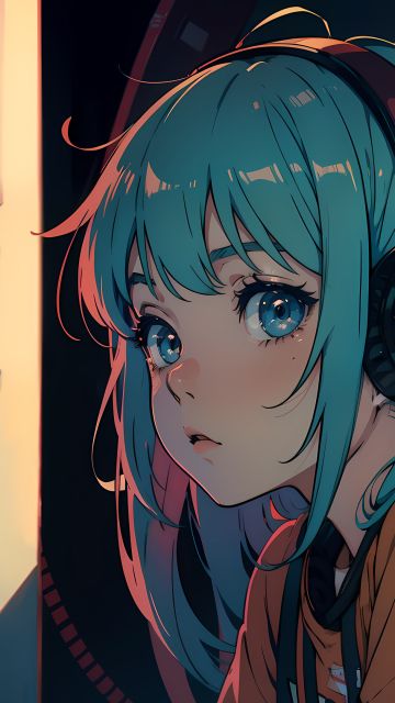 Anime girl, Lofi, Listening music, Headphones