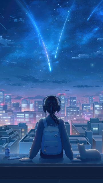 Your Name, Anime girl, Mitsuha Miyamizu, Lofi, Kimi no Na wa, Comet Tiamat, Celestial, Shooting stars