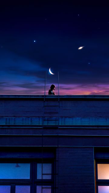 Lofi girl, Illustration, 5K, Crescent Moon, Sad girl