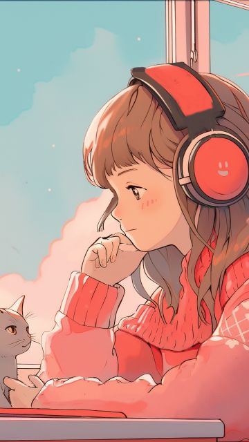 Lofi, Anime girl, AI art, Alone, Cat