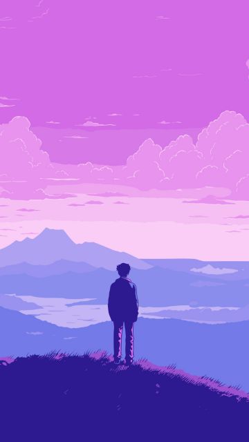 Lofi boy, Landscape, Pixel art, Purple sky, Retro style, Silhouette