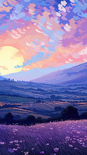 Tuscany, Pixel art, Sunset, Lavender fields, Italy, Landscape, Retro style, Pixel background