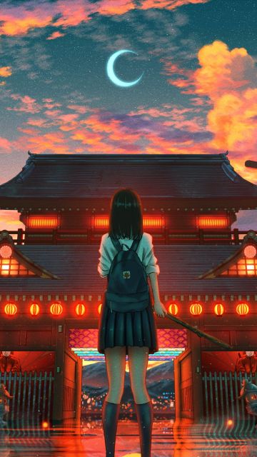 Ancient architecture, Japanese girl, Crescent Moon, Illuminated, Lofi girl, Clouds, Shuu Illust