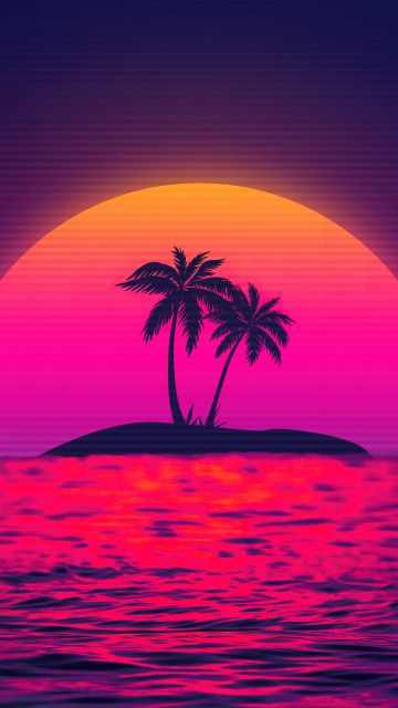 Vaporwave, Sunset, Palm trees, Island, 5K, Pink aesthetic