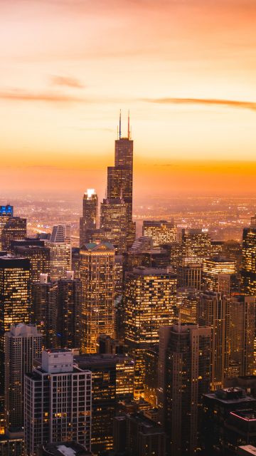 Chicago, Cityscape, Skyline, Skyscrapers, Dawn, Sunset, City lights, Illinois, USA, 5K