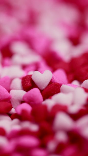 Love hearts, Pink, Red, Candies, Bokeh, Girly backgrounds, Pink background, 5K