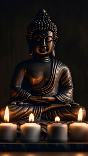 Gautama Buddha, Spiritual, Statue, Lord Buddha, Dark background, 5K, Buddhism, Candle lights, AI art