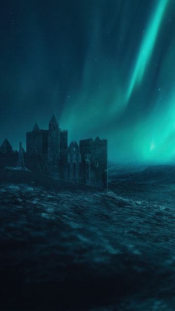Castle, Aurora Borealis, Ocean, Night sky, Aurora sky, 5K, Creative
