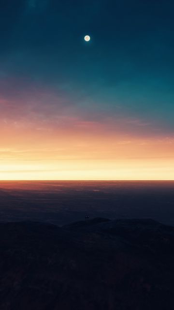 Moon, Sunset, Horizon, Dusk, Mountain, 5K