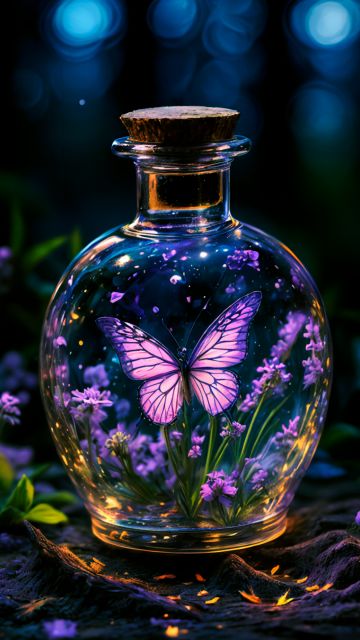 Glass bottle, Morpho butterfly, Purple aesthetic, Illumination, Bokeh Background, Night, Lavender, Dreamlike, Girly backgrounds