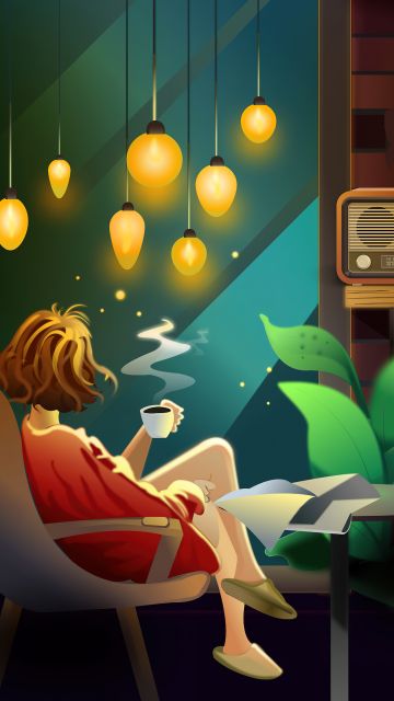 Teen girl, Coffee, Myself, Lonely, Brick wall, Painting, Illustration, 5K, Ambient lighting