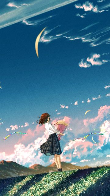 Anime girl, Landscape, Dreamlike, Morning breeze, Flower bouquet, 5K