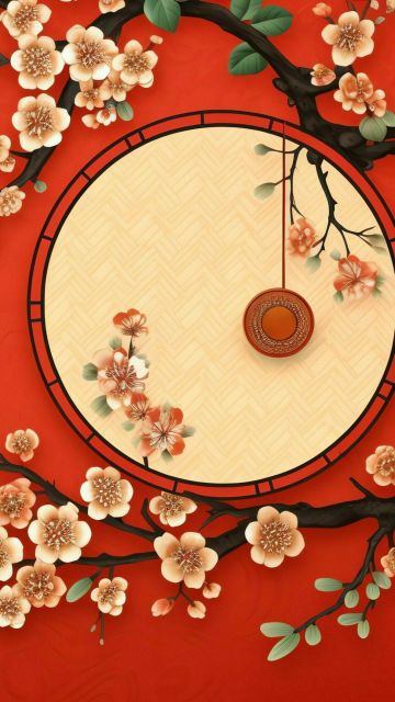 Chinese New Year, Tradition, Sakura, Floral designs, Red background, Lunar New Year