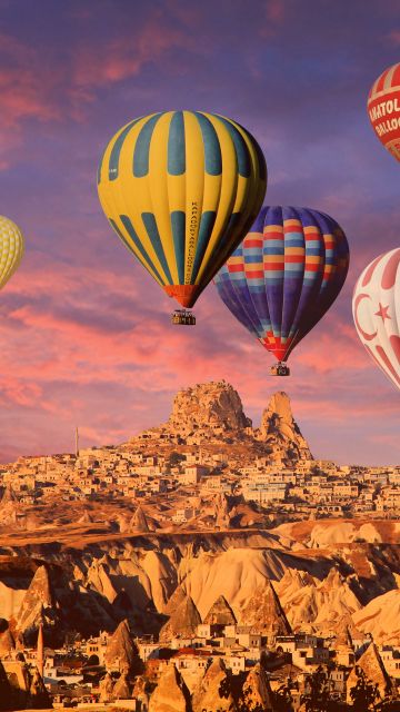Hot air balloons, Cappadocia, Golden hour, Rock formations, Town, Tourist attraction, Turkey