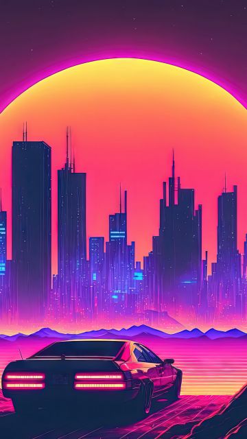 Futuristic city, Outrun, Neon art, Cyberpunk, Synthwave, Panorama, Sunset, Pink aesthetic