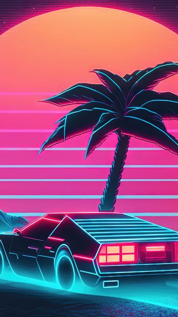 Neon, Outrun, RetroWave art, Synthwave, Sunset, Mountains, 5K