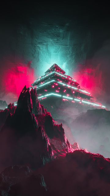 Alien, Pyramid Structure, Neon background, Mountains, 5K