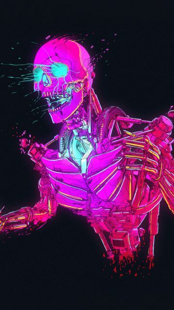 Neon, Skeleton, Cyberpunk, RetroWave art, Skull, Dark background