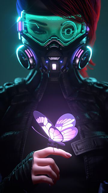 Apocalypse, Butterfly, Cyberpunk girl, Futuristic, Gas mask, Aesthetic, Neon, 5K