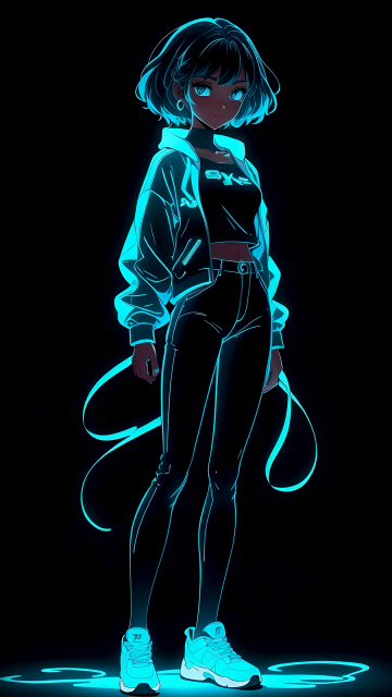 Neon, Anime girl, Black background, AMOLED, 5K
