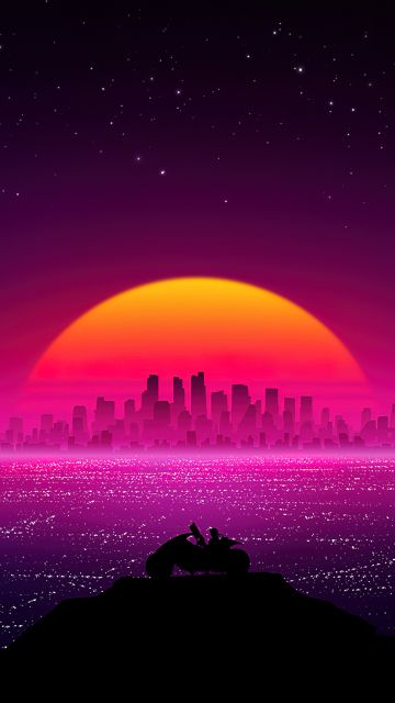 Cyberpunk girl, Silhouette, Futuristic city, Synthwave, Panoramic, Neon, Digital Art