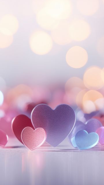 Glossy, Love hearts, Bokeh Background, 5K, Pastel