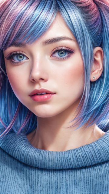 Asian, Cute Girl, Blue eyes, Blue hair, AI art