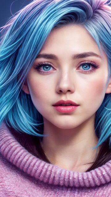 Blue eyes, Asian Girl, AI art, Blue hair