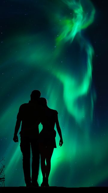 Couple, Aurora Borealis, Night, Romantic, Together, Silhouette, Northern Lights, 5K