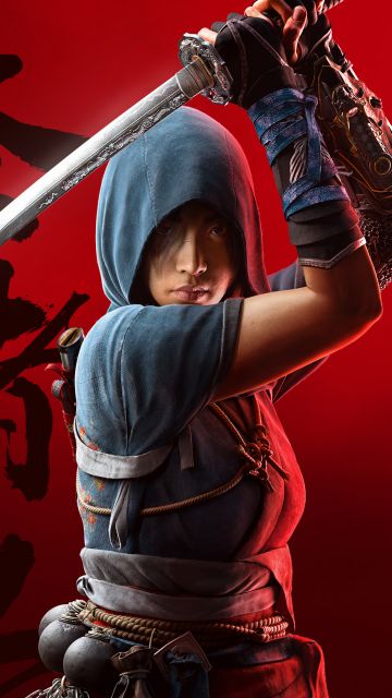 Naoe, Assassin's Creed Shadows, Red background, 2024 Games