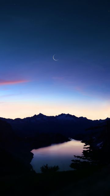 Hidden Lake, Mountains, Silhouette, Sunset, Crescent Moon, Clear sky, Dark, Night, Washington, USA