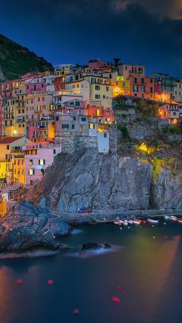 Manarola, Blue hour, Italy, Cinque Terre, Night lights, Long exposure, Seascape