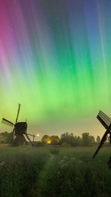 Aurora Borealis, Countryside, Northern Lights, Windmill, Colorful Sky