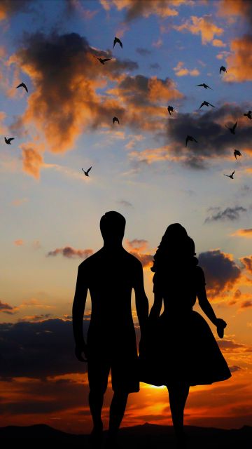 Evening, Couple, Silhouette, Sunset, Together, Dawn, Clouds