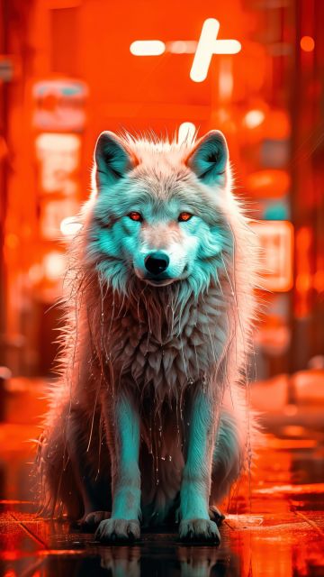White wolf, AI art, Red background