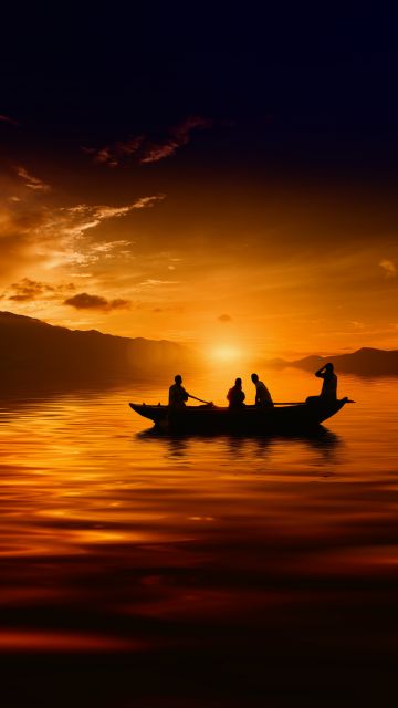 Sunset, People, Boat, Silhouette, Dusk, 5K, 8K