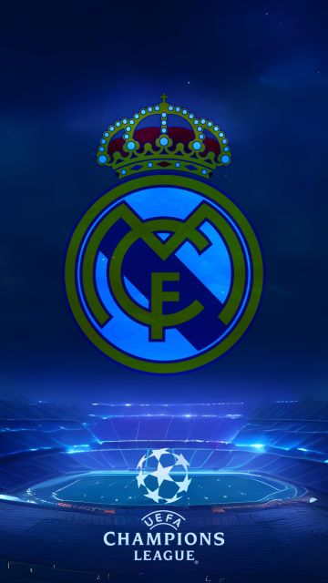 Real Madrid CF, UEFA Champions League, Logo, Football club, Stadium, Blue background