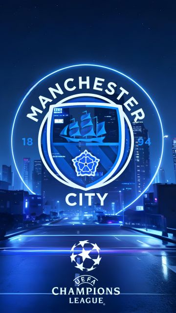 Manchester City FC, Futuristic, Neon logo, UEFA Champions League, Blue aesthetic, Football club