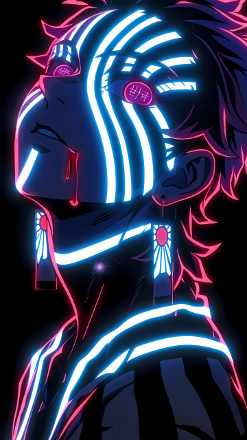 Neon, Akaza, Demon Slayer: Kimetsu no Yaiba, Black background, 5K, AMOLED, Neon glow