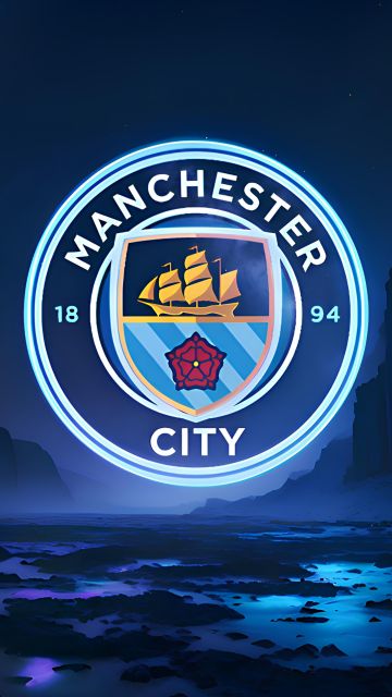 Manchester City FC, Neon logo, Premier League club, Glowing, Blue, 5K, 8K