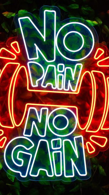 No pain No gain, Neon sign, Dark background, 5K, Glowing, Weight training, Gym