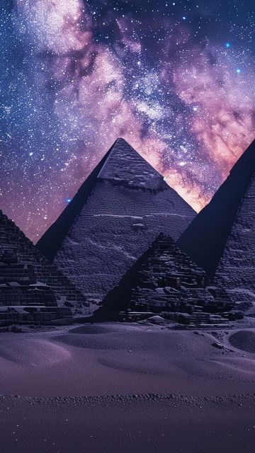 Egyptian Pyramids, Milky Way, Night sky, Seven Wonders of the Ancient World, AI art, The Great Pyramid of Giza, 5K