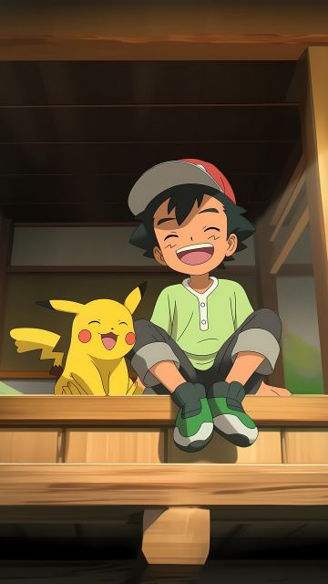 Ash Ketchum, Pikachu, Adorable, Scenic, 5K, Laughing, Pokemon