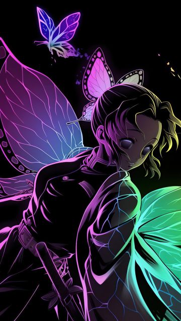 Shinobu Kocho, Colorful art, AMOLED, 5K, Black background, Demon Slayer: Kimetsu no Yaiba