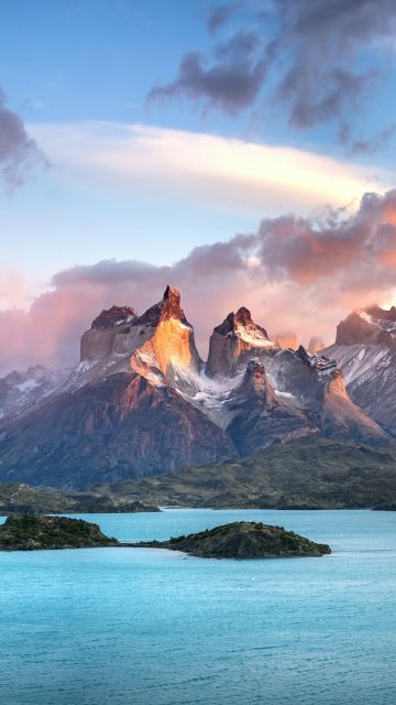 Torres del Paine National Park, Panorama, Mountains, Cloudy Sky, Sunny day, Ultrawide, 5K, 8K