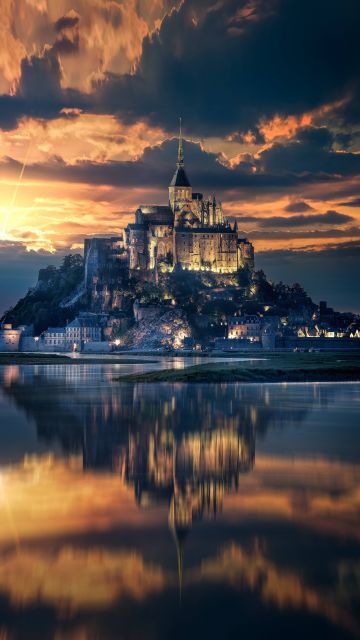 Mont Saint-Michel, Island, Ancient architecture, Reflection, Night, Sunset, Dawn, Evening sky, Normandy, France, 5K